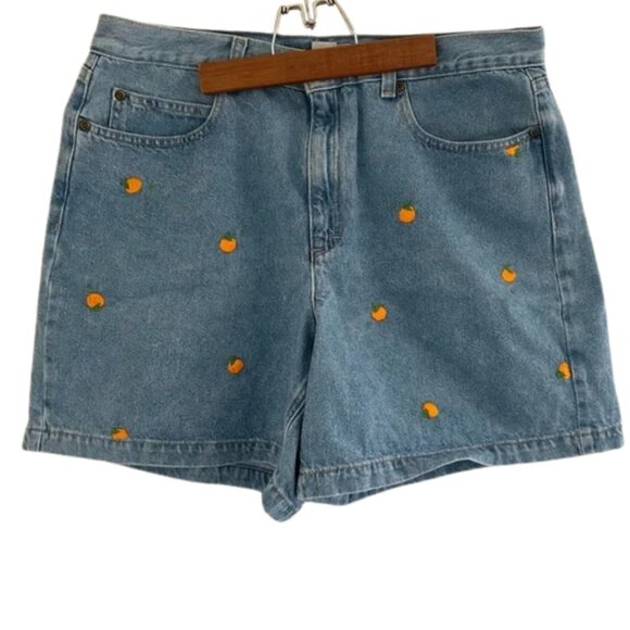 Vintage Y2K Liz Claiborne Denim Blue Jean Shorts Orange Embroidery Size 16 - Picture 1 of 10